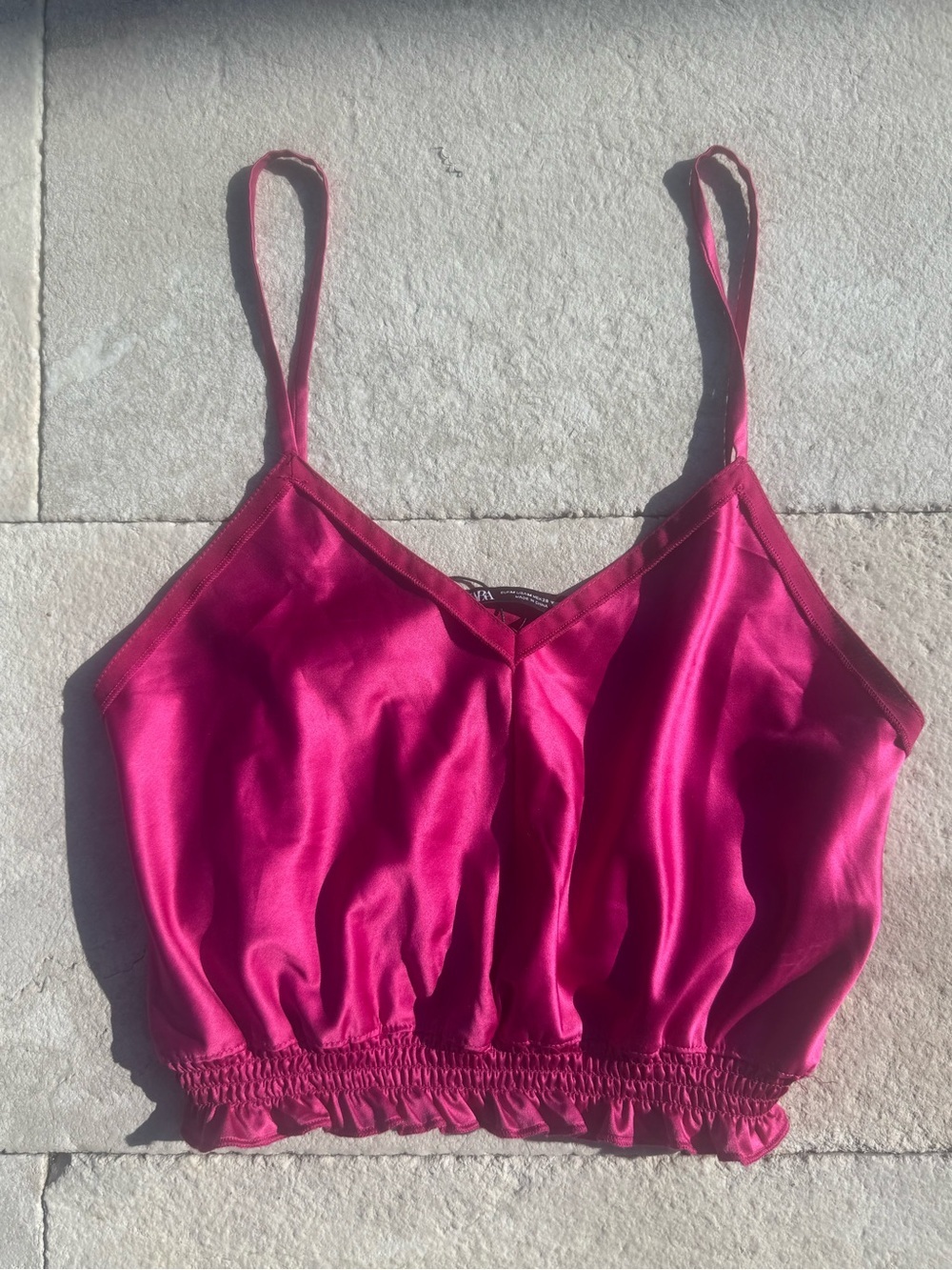 Zara Fuchsia Satin Crop Top Ruffle Hem Cami Size M